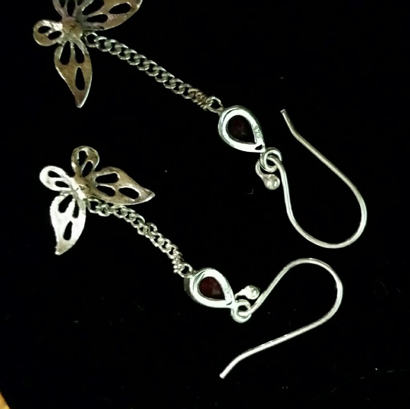 .925 Silver Butterfly & Ruby Hooks Earrings - Picture 3 of 4